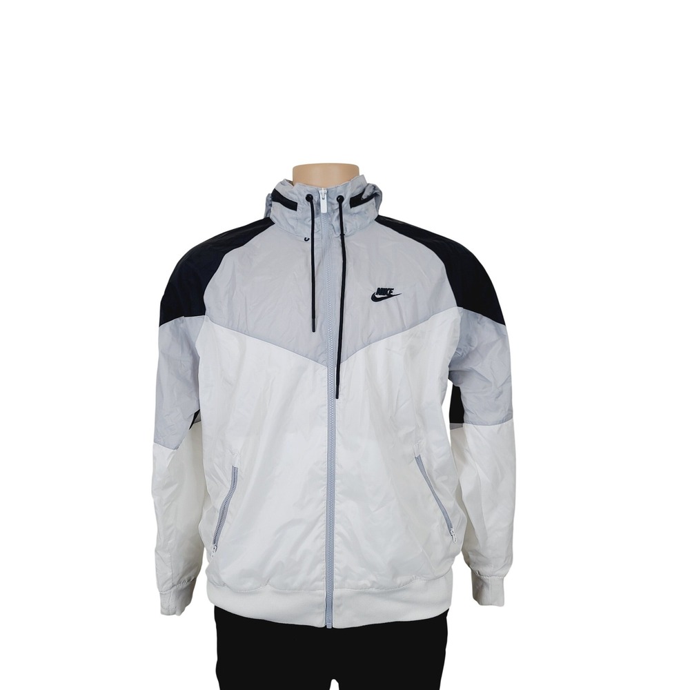 Nike Full Zip Adjustable hood Windbreaker Jacket Men Size L White Black Gray. KT